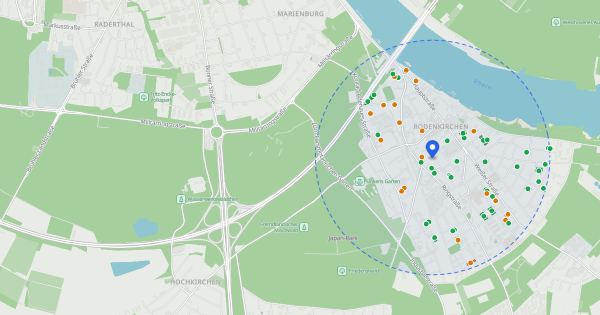 Baulückenfinder mit Suchkreis und gefundenen Baulücken