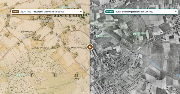 Historische Karte von 1836 neben einem Luftbild von 1952 im Splitscreen